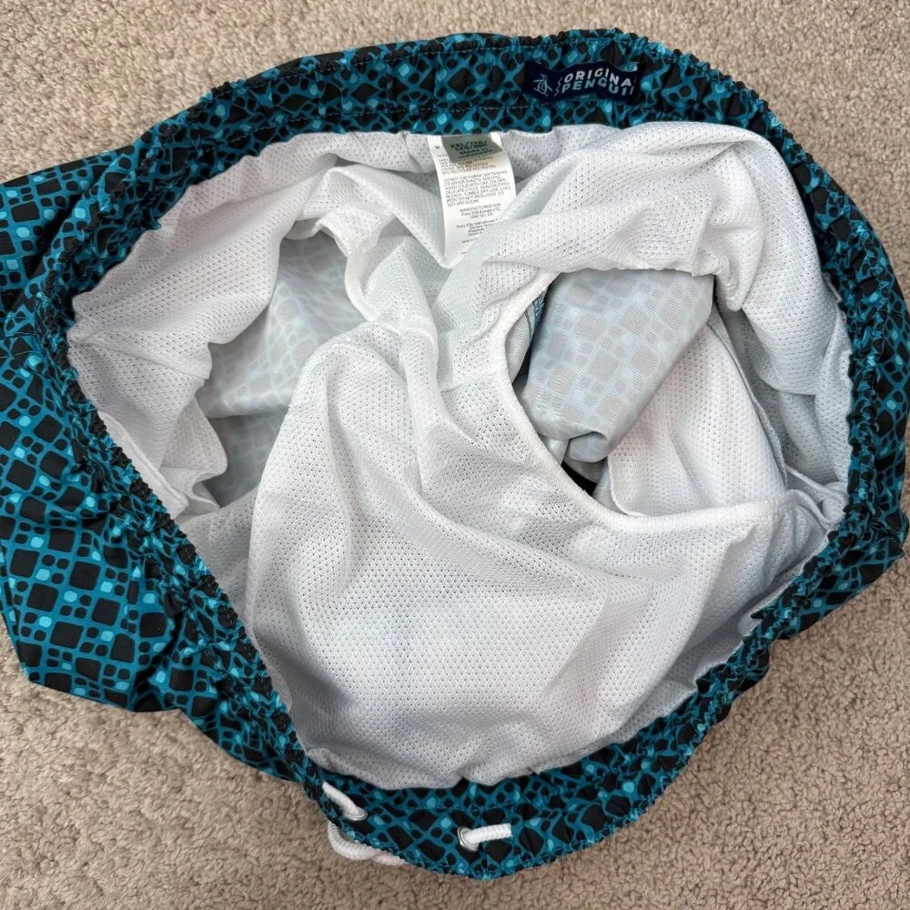 Original Penguin All-Over Geo Print Swim Short Mens Size XXL Teal‎ Black